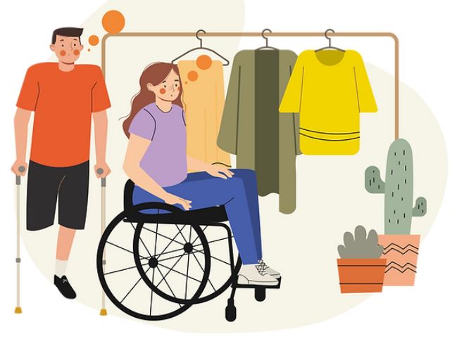 Infographie montrant une femme sur un fauteuil roulant & un homme en béquille faisant leur shopping avec des vêtements adaptés