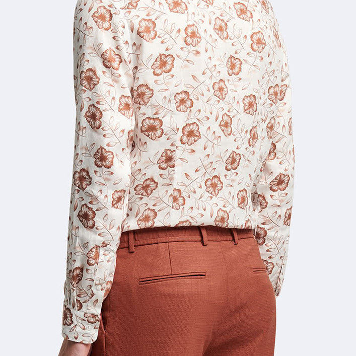 Chemise homme slim 100% lin fleurie orange abricot Devred, adaptée handicap par Adapt and Joy