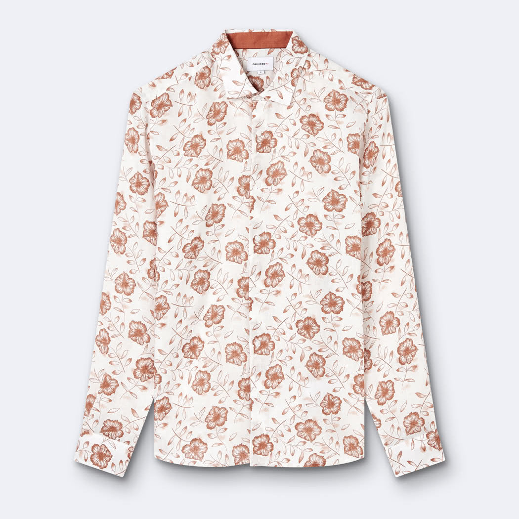 Chemise homme slim 100% lin fleurie orange abricot Devred, adaptée handicap par Adapt and Joy
