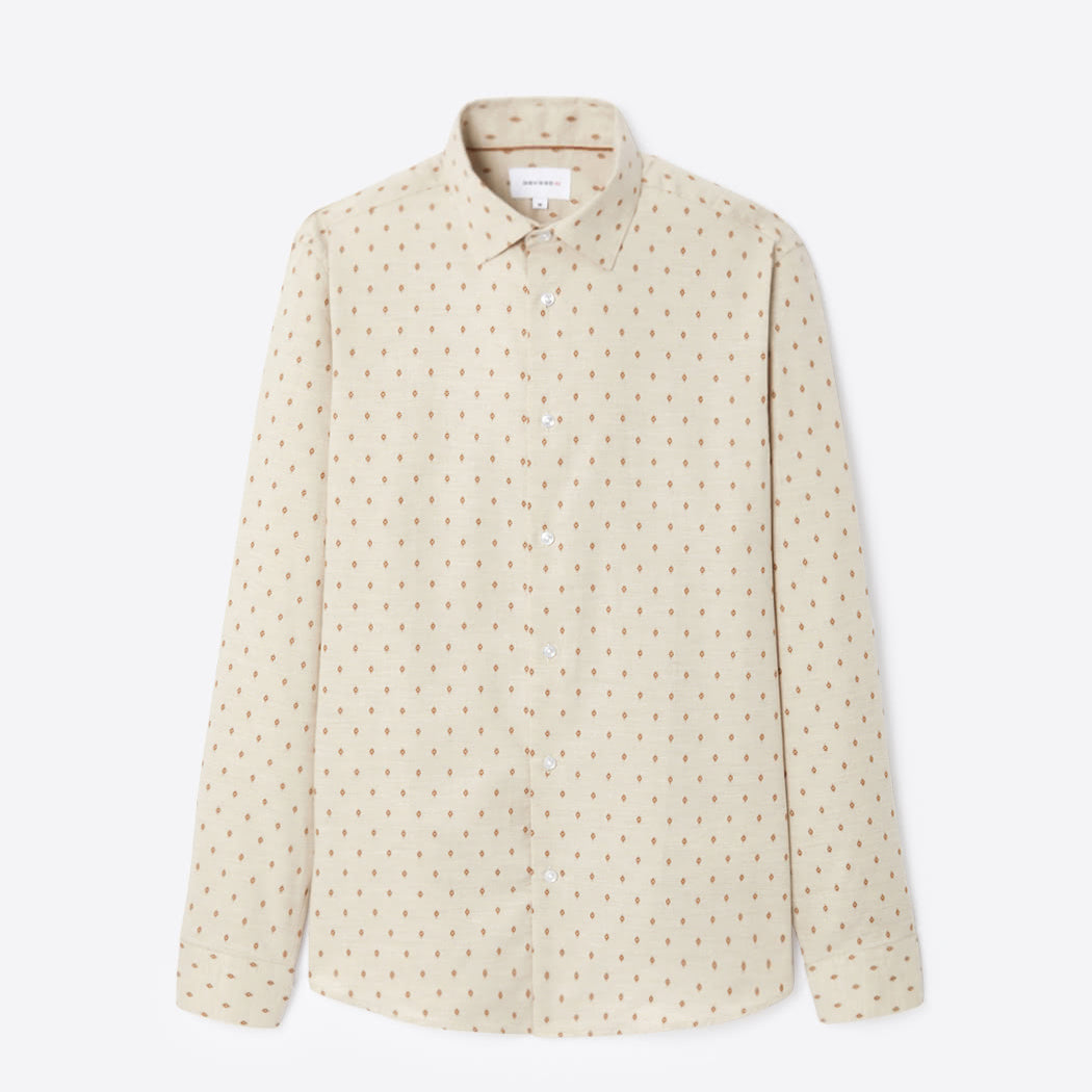 Chemise homme slim 100% coton à pois ivoire col semi-italien Devred adaptée handicap, habillage facilité pour mobilité réduite des épaules – Adapt and Joy