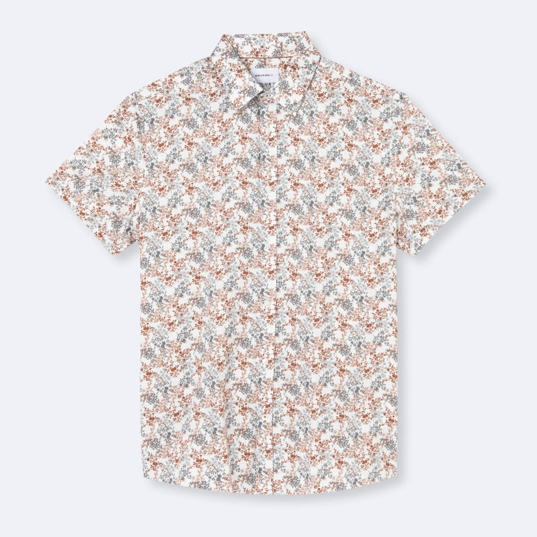 Chemise homme slim manches courtes 100% coton fleurie blanc cassé Devred adaptée handicap, habillage facilité pour mobilité réduite des épaules – Adapt and Joy