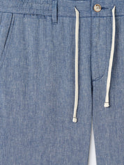 Pantalon bleu coton lin Devred adapté handicap senior par Adapt & Joy, confortable et facile à enfiler.