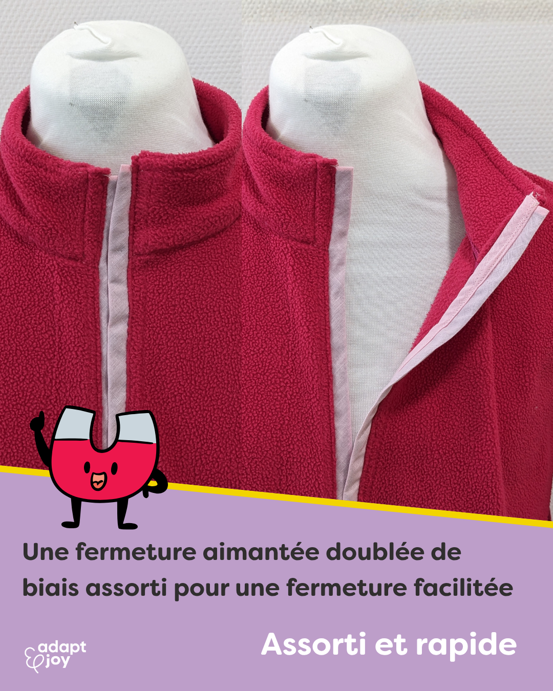 Polaire adaptée pour senior réalisée par l’atelier Adapt & Joy, avec remplacement de la fermeture éclair par une bande aimantée pour faciliter l’habillage et garantir confort et autonomie.