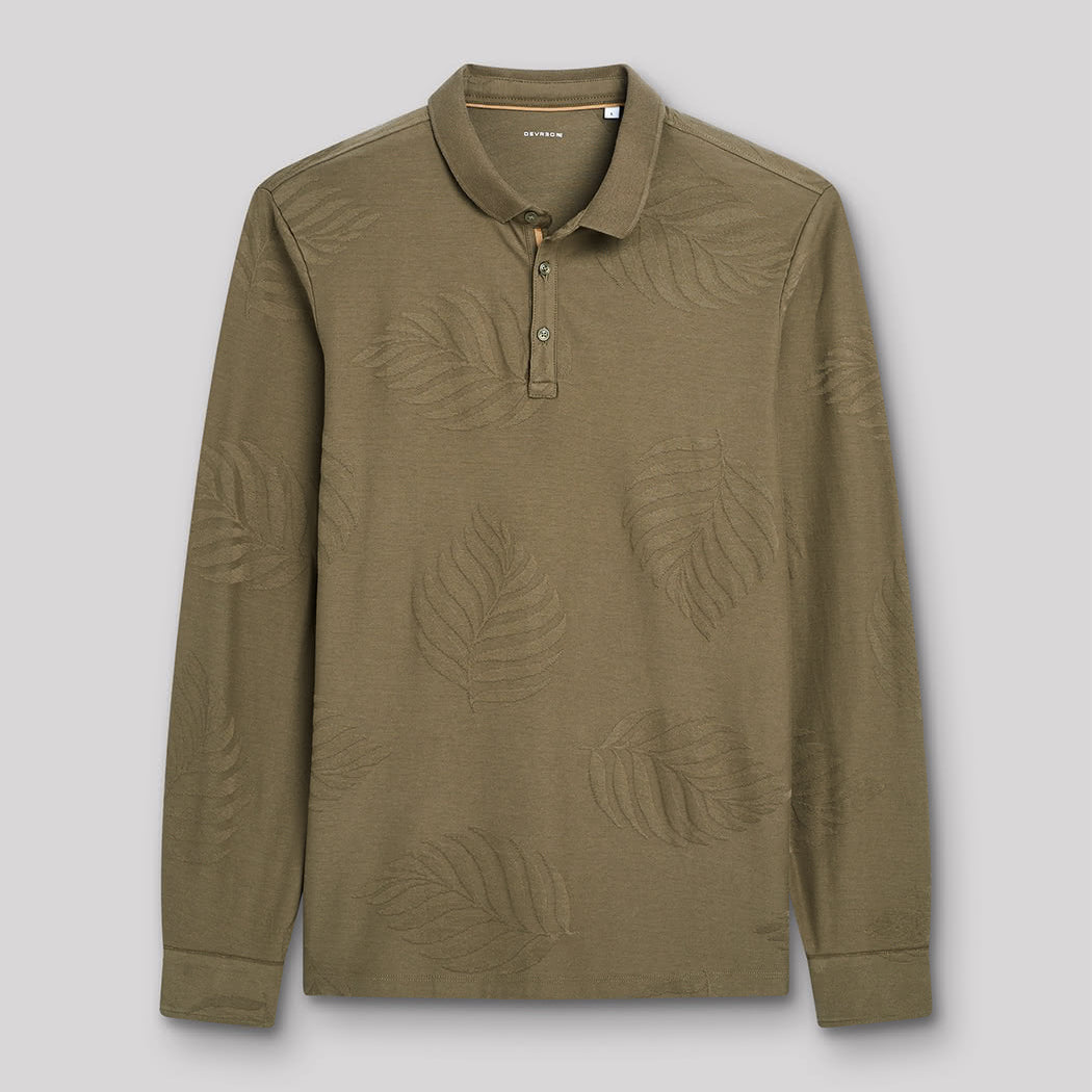 Polo Devred kaki à manches longues avec détails feuilles adapté par Adapt & Joy pour les personnes en situation de handicap ou seniors, facilitant l’habillage et le confort